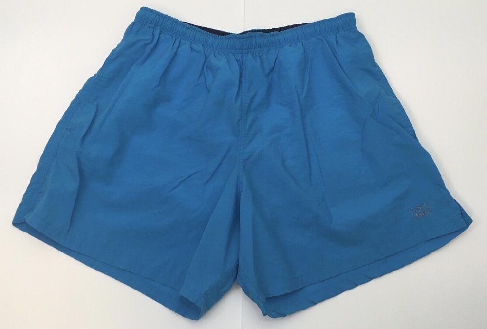 USA Olympics Swimsuit Mens Large JCPenny Teal Blue Vintage Rings Mesh Lining